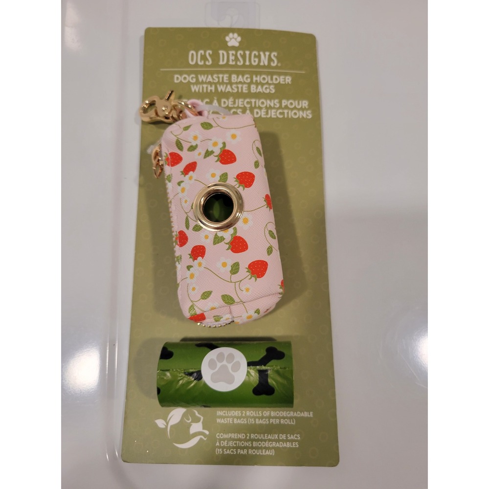 OCS Designs Strawberry Pink Dog Waste Bag Holder with 2 Rolls Biodegradable Bags
